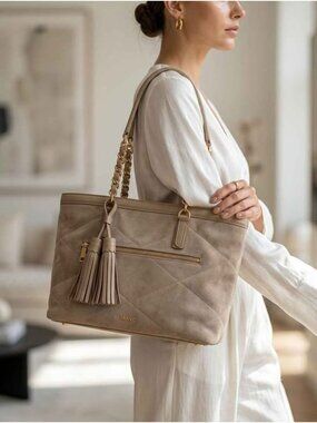 IMNYC Quilted Suede Tote Shoulder Bag Gold Accent, Quiet Luxury, NWT